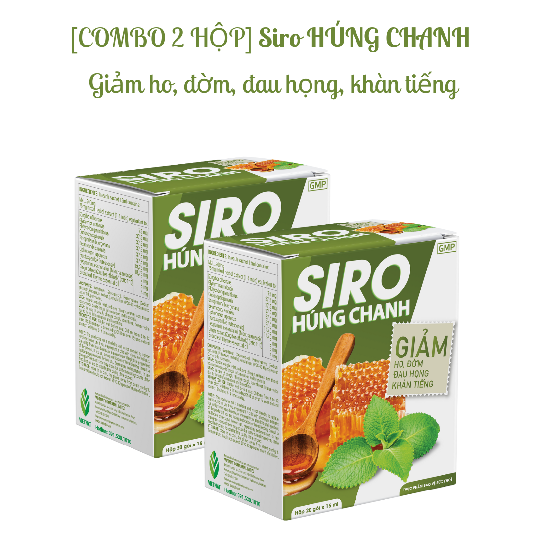 [COMBO 2 HỘP] Siro Húng chanh Giảm ho, đờm, đau họng, khàn tiếng - Hộp 20 gói x 15ml