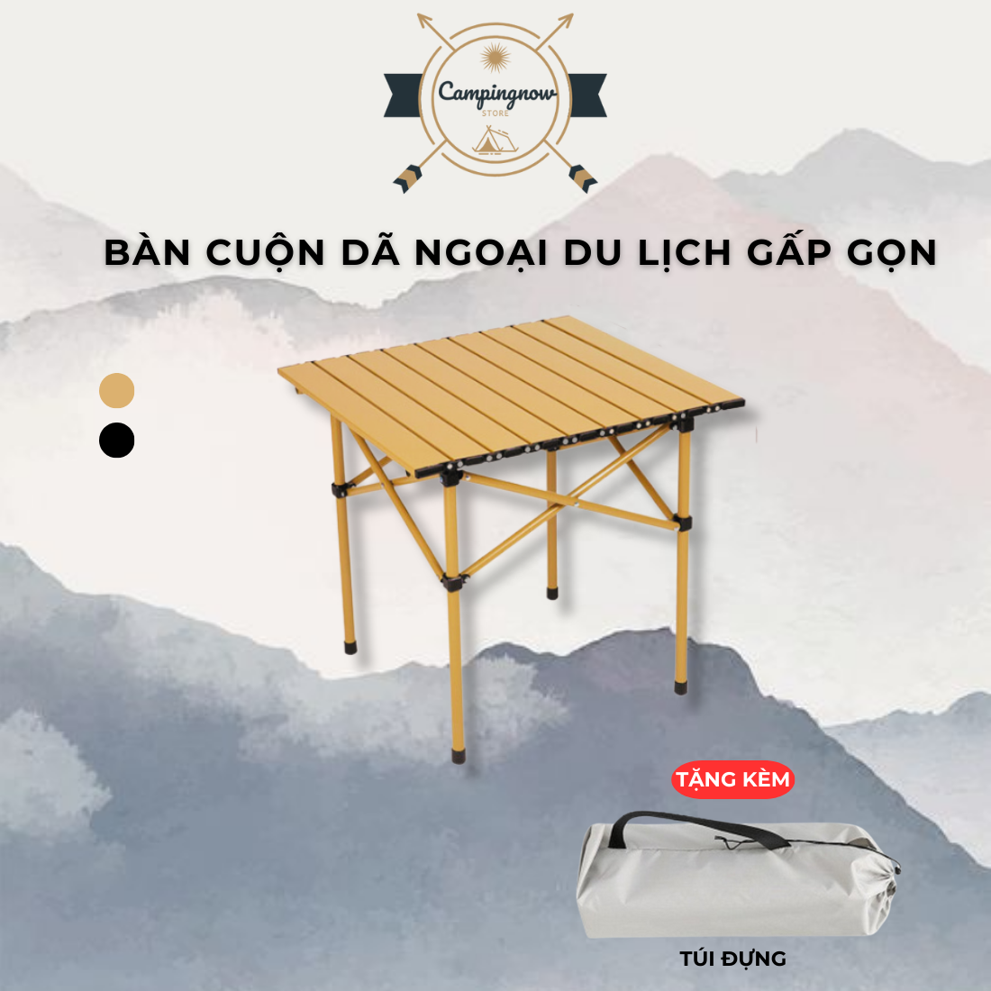 Bàn Gấp Gọn Mặt Vân Đá Chống Xước Dành Cho 2-4 Người Du Lịch, Dã Ngoại, Cắm Trại Di Động Ngoài Trời Màu Vàng GoVcamp