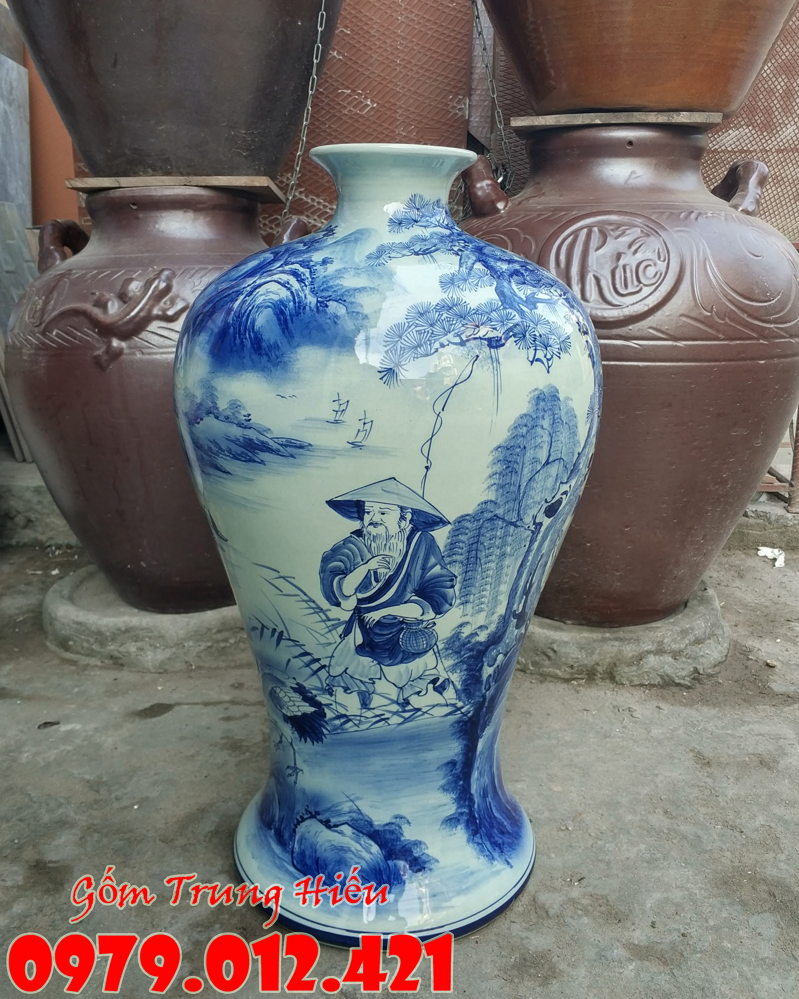 Mai bình hút lộc Bát Tràng họa tiết vẽ thủ công cao 55cm, đường kính 30cm