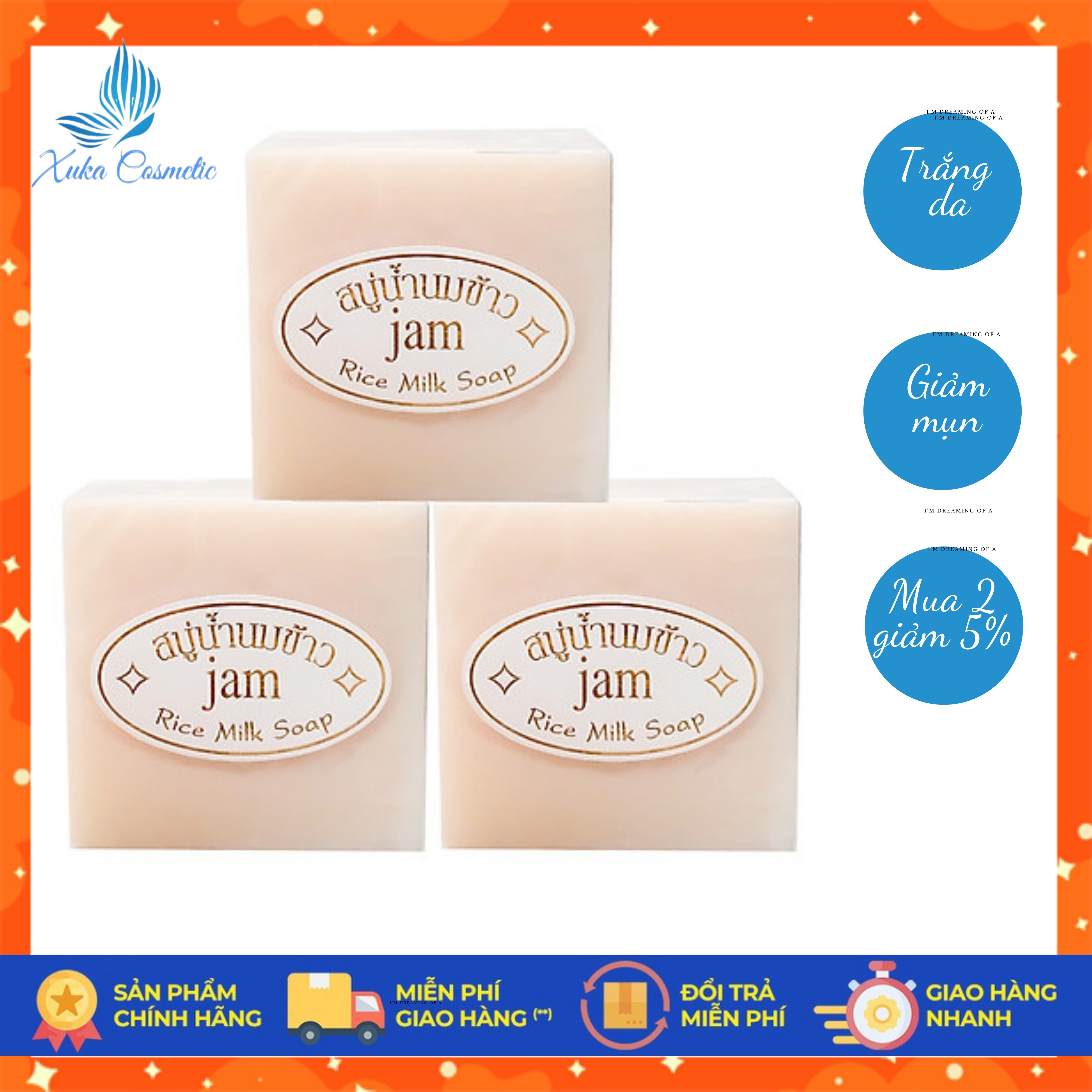 [Feeship - Hàng Thái Lan]  Xà Phòng Cám Gạo Thái Lan, Siêu Thơm, Trắng Da, Ngăn Ngừa Mụn Lưng, An Toàn Cho Mọi Loại Da. Xà Bông Cám Gạo Thái Lan Jam, Xuka Cosmetic Combo Mua 2 Giảm 5%