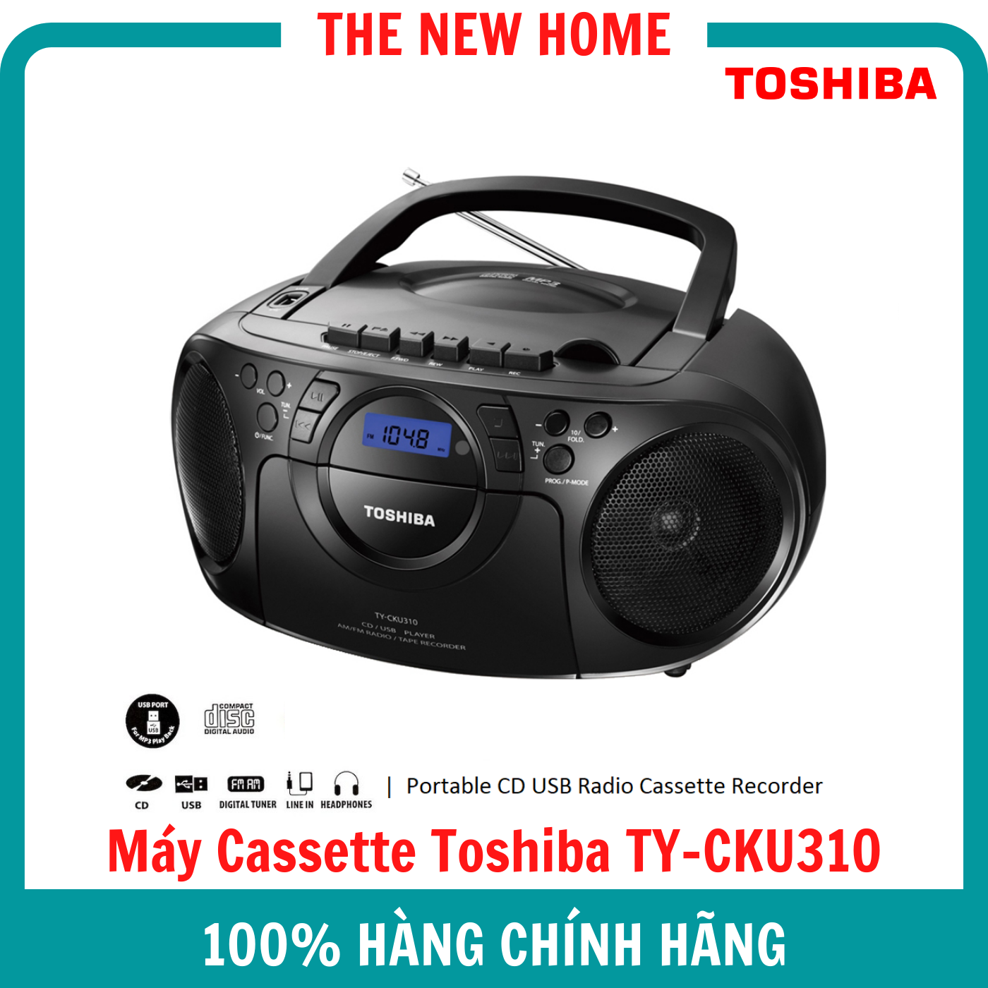 Máy cassette toshiba ty-cku310 - phát được cd lẫn usb, hệ thống loa 2.0 - hàng chính hãng