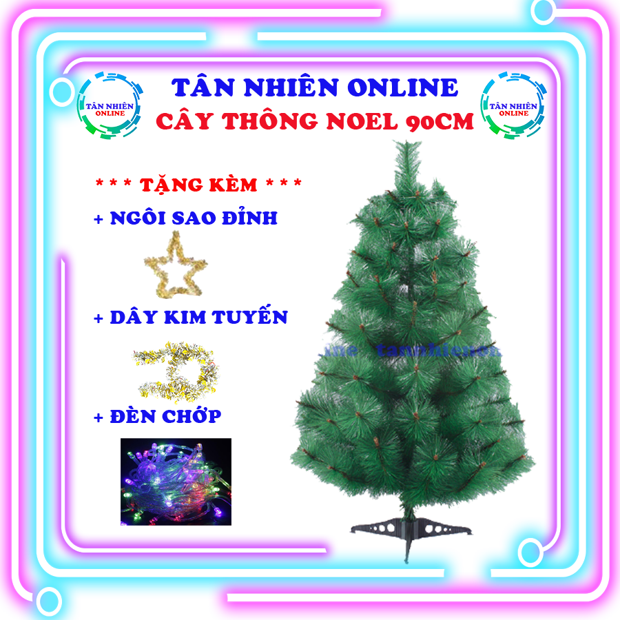 Cây thông Noel mini cao 90cm tặng kèm dây kim tuyến ngôi sao và đèn nháy sao băng trang trí siêu đẹp, trang trí Noel, Tân Nhiên Online