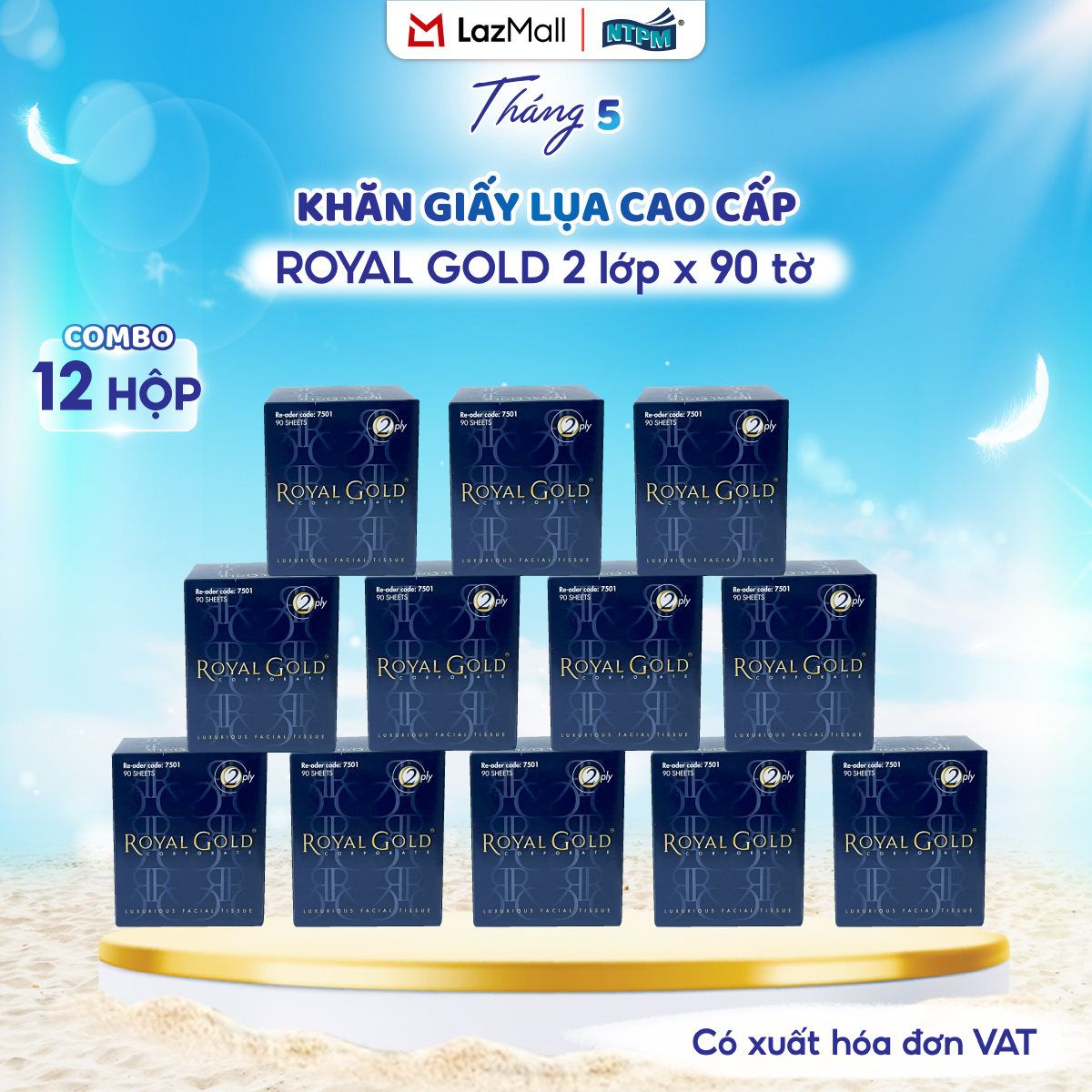 [COMBO 12 HỘP] Khăn giấy lụa Royal Gold, 2 lớp - 100% bột giấy nguyên sinh, không chất tẩy, 90 tờ/hộp - Chính hãng
