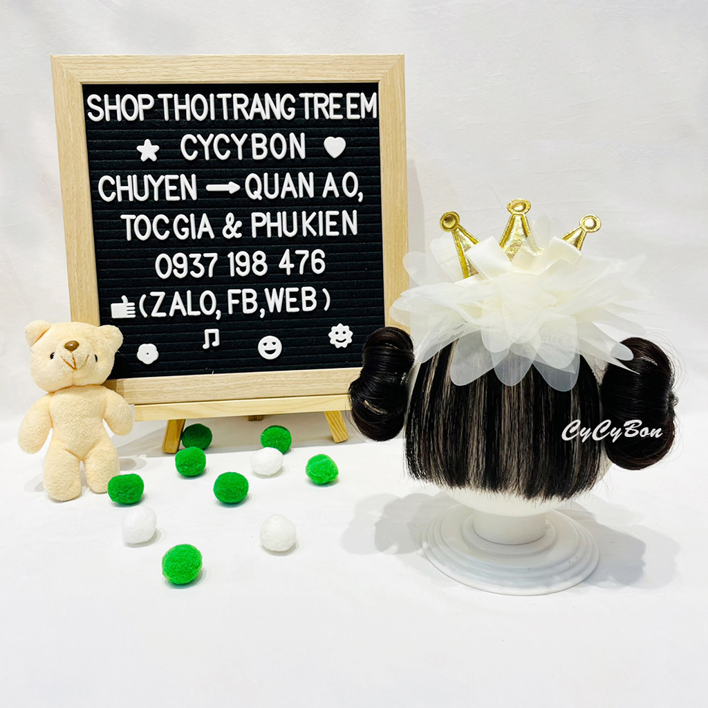 Băng đô cho bé hoa đính vương miện kèm tóc giả mái và búi 2 bên