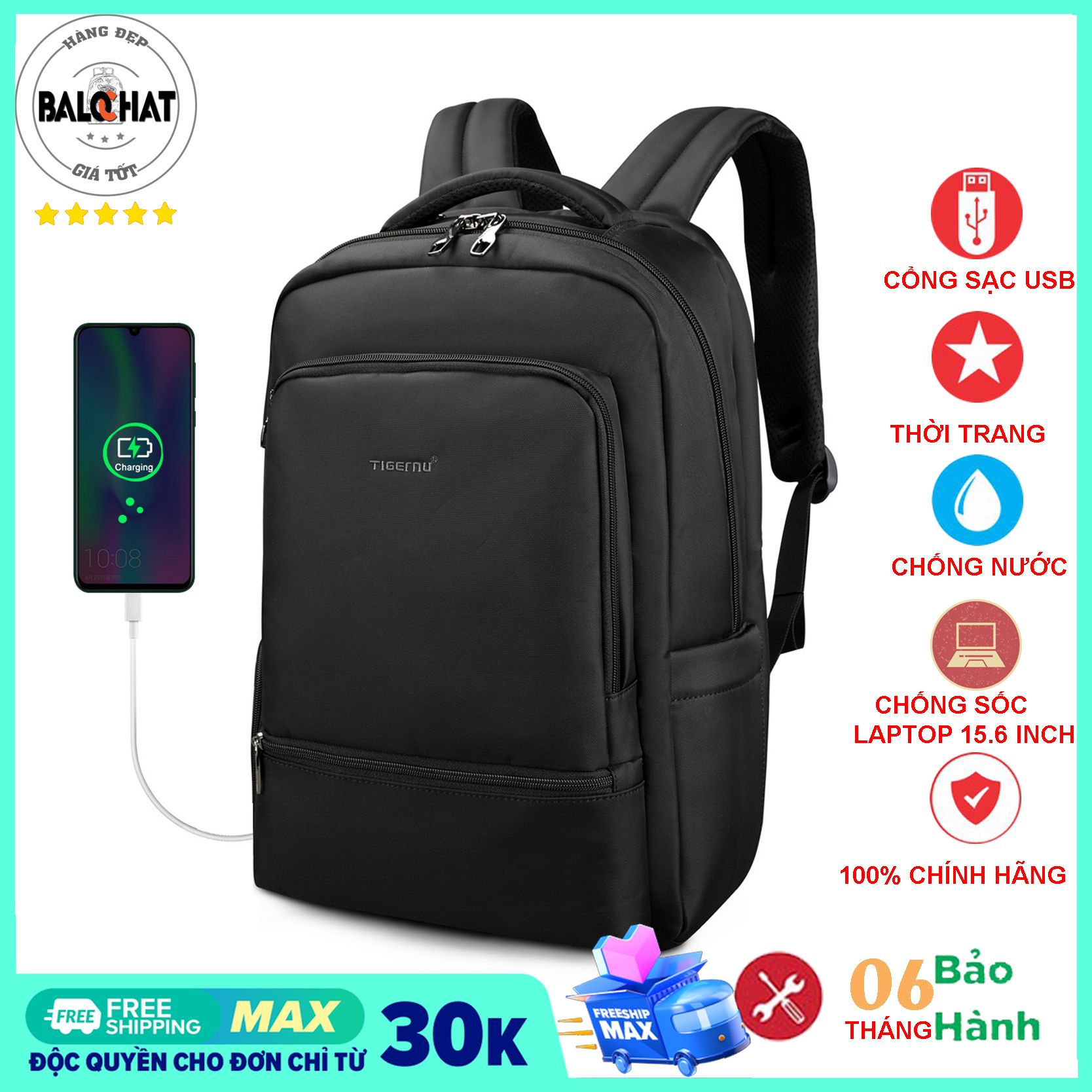 Balo đựng laptop 15.6 inch thương hiệu Tigernu T-B3585N, phong cách thời trang, chống nước, chống sốc, có cổng USB