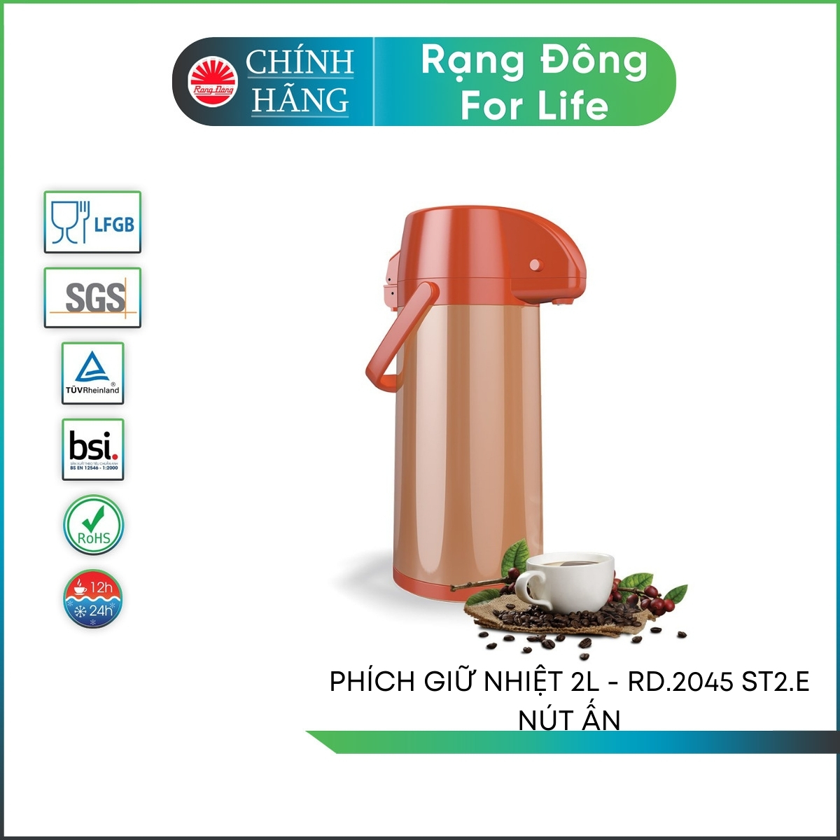 Phích giữ nhiệt Rạng Đông cao cấp dung tích 2 Lít dùng nút ấn thân Inox vai nhựa phủ chống vân tay Model RD 2045 ST2E