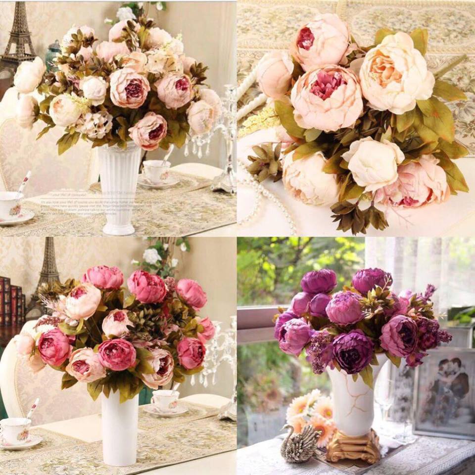 Hoa lụa cao cấp, Hoa mẫu đơn Châu Âu trang trí phòng khách, nhà hàng, khách sạn sang trọng (1 cành 8 bông kèm nụ và lá điểm)