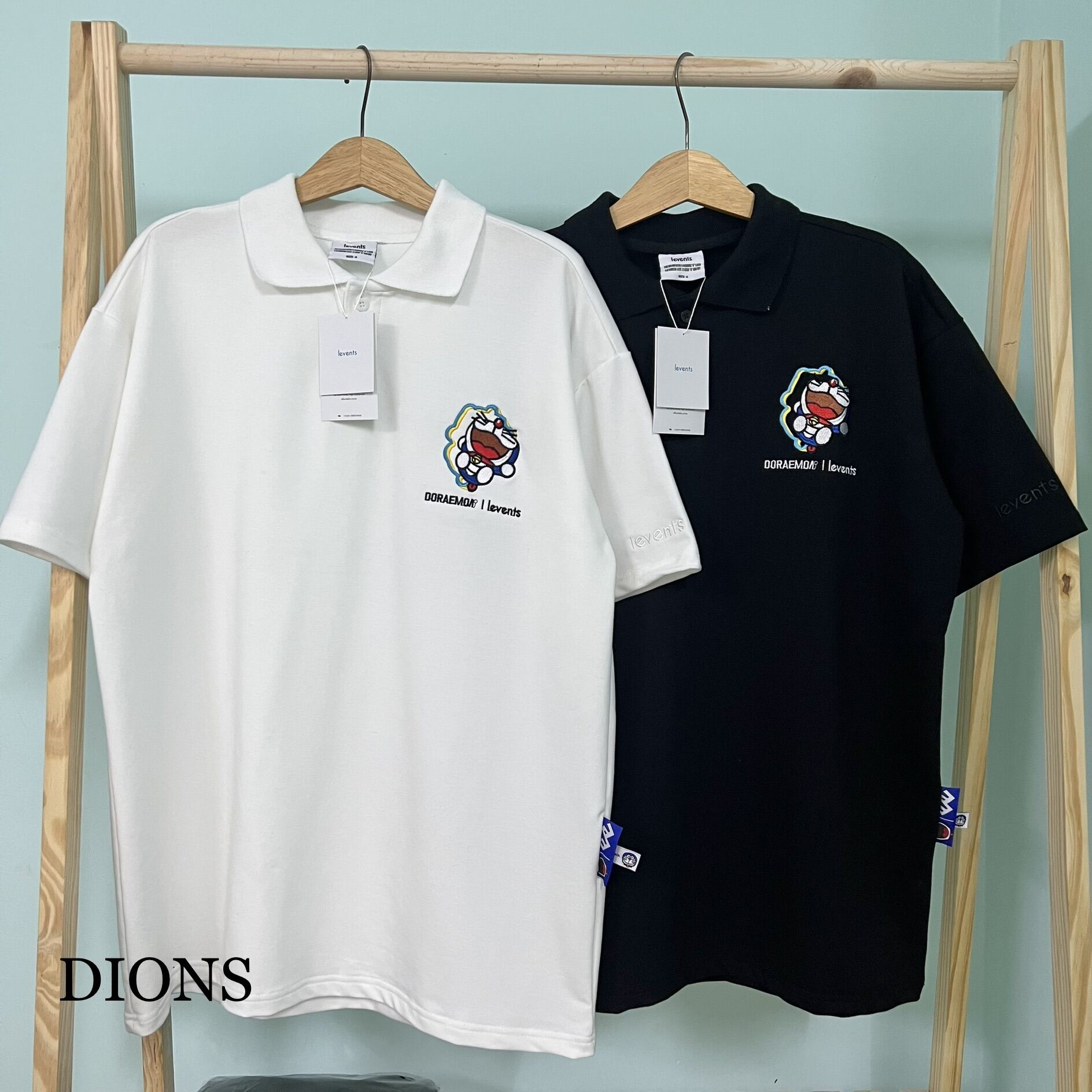 Áo thun polo levents doraemon mini cat full tag hãng logo doảemon thêu chất da cá 100% dày dặn form rộng