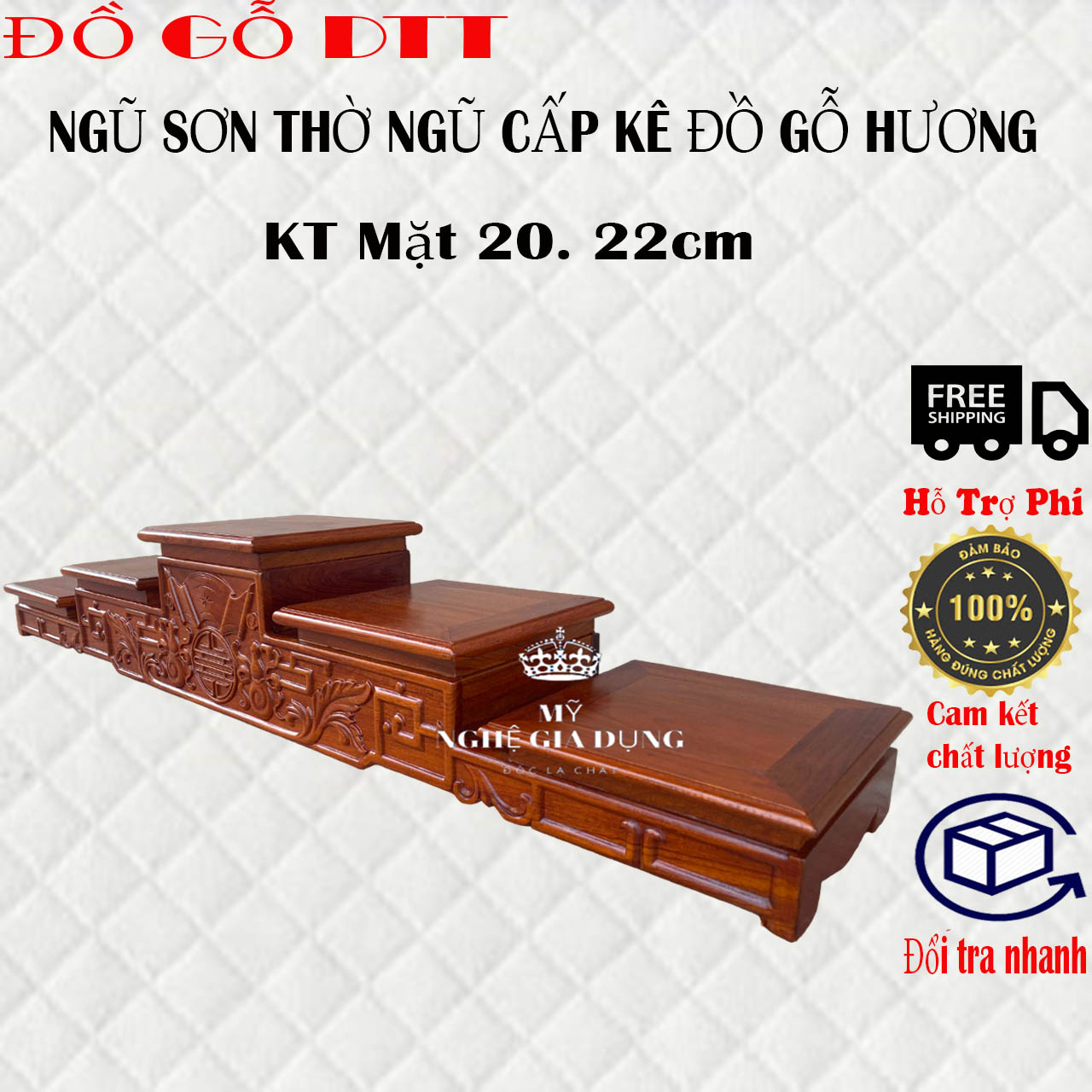 Ngũ sơn gỗ hương-Bục ngũ cấp gỗ hương-Ngũ cấp để bát hương 3 cỡ mặt 16,18,20,22