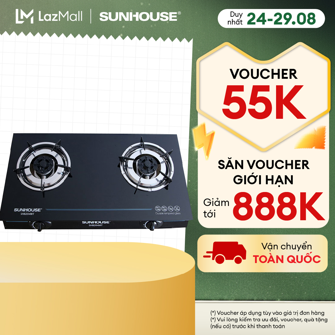 Bếp Gas Dương Kính SUNHOUSE SHB204MT - Kính Cường Lực Chịu Nhiệt Tốt - Đầu Hâm Tiết Kiệm Gas - Đánh Lửa Magneto Bền Bỉ - Lắp Ráp Tại Việt Nam - Bảo Hành 12 Tháng - Hàng Chính Hãng