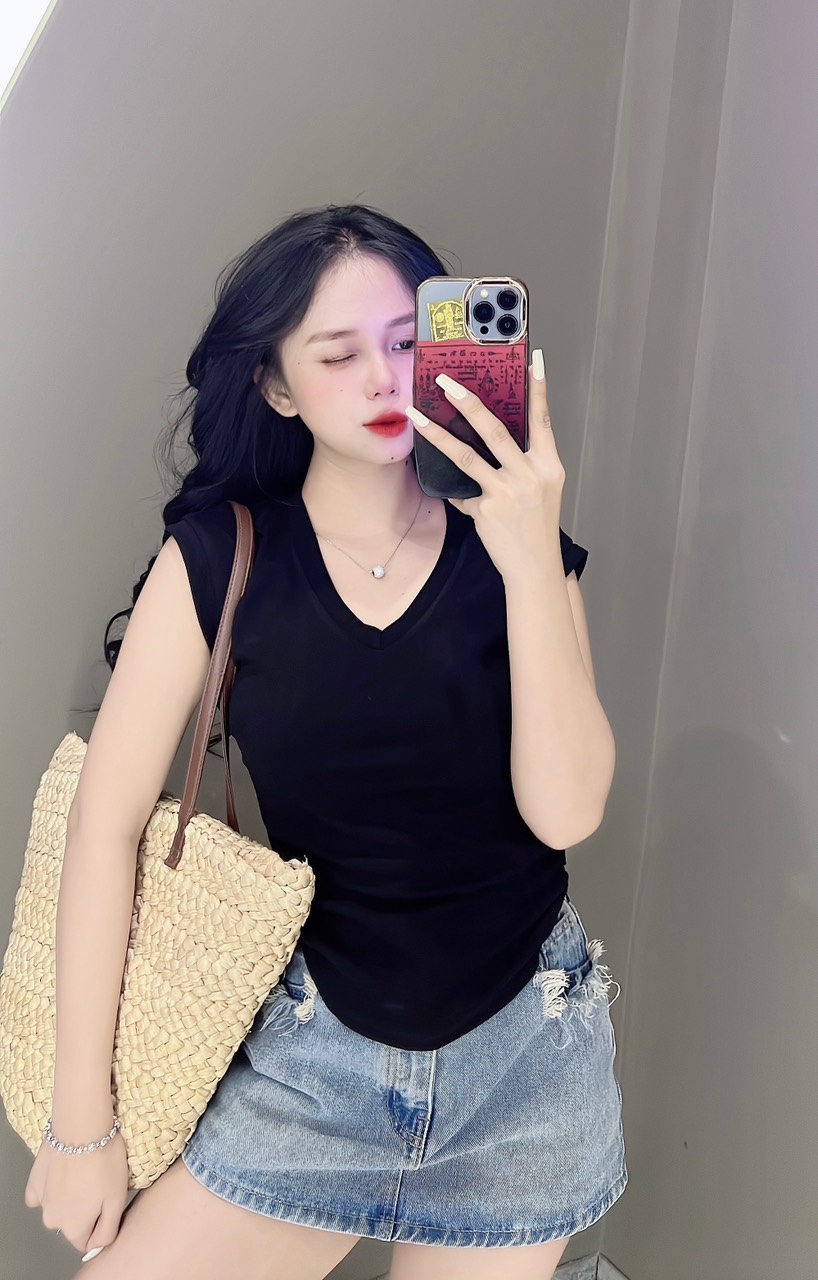 Áo thun ôm Nữ Cổ Tim Tay tay hến nhún eo