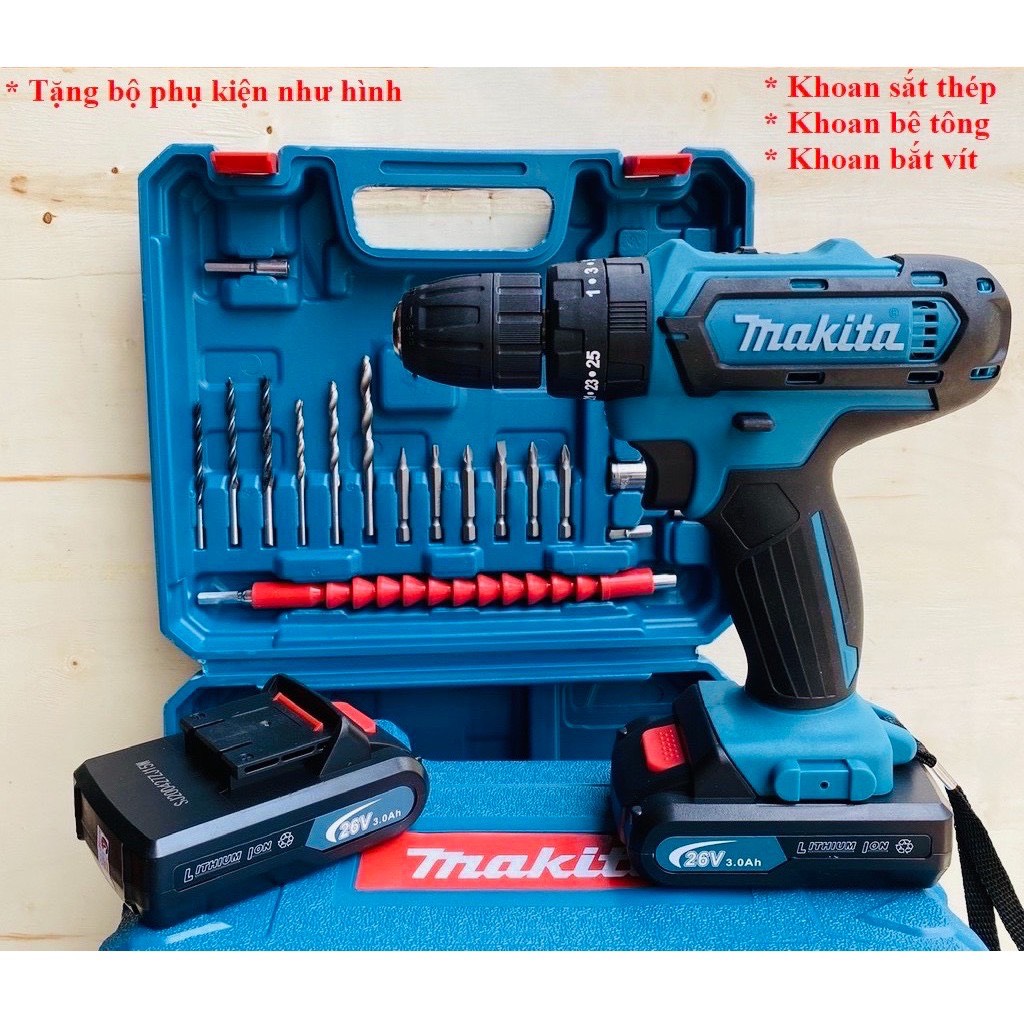 Máy khoan pin 26V Makita, Máy bắn vít 3 chức năng có búa - Tặng kèm 24 chi tiết gồm các mũi khoan + Mũi bắt vít