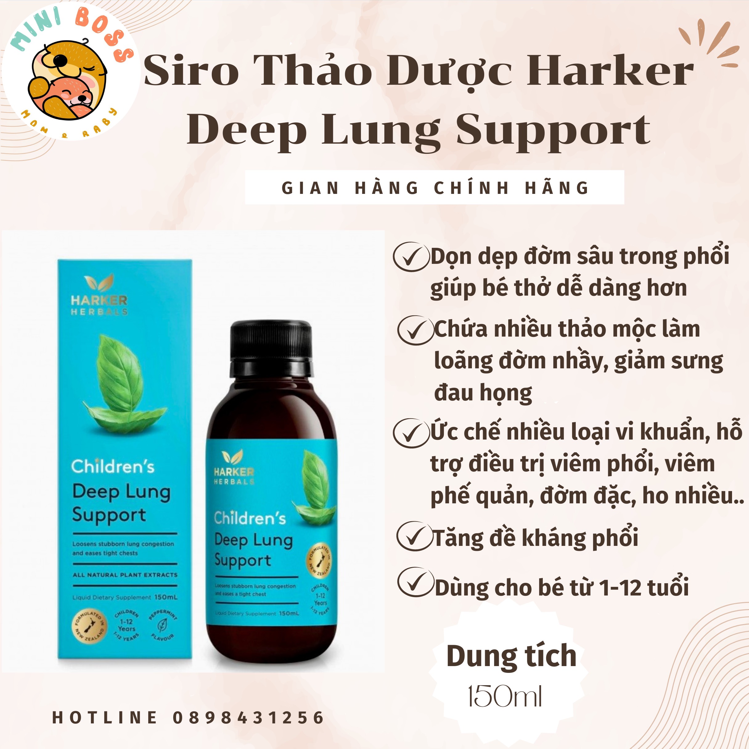 Siro dọn đờm, bổ phổi Harker Deep Lung Support cho bé từ 1-12 tuổi chai 150ml