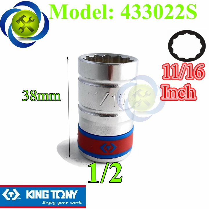 Tuýp 11/16 hệ inh 1/2 kingtony 433022s loại ngắn 12 cạnh màu trắng 17.46mm