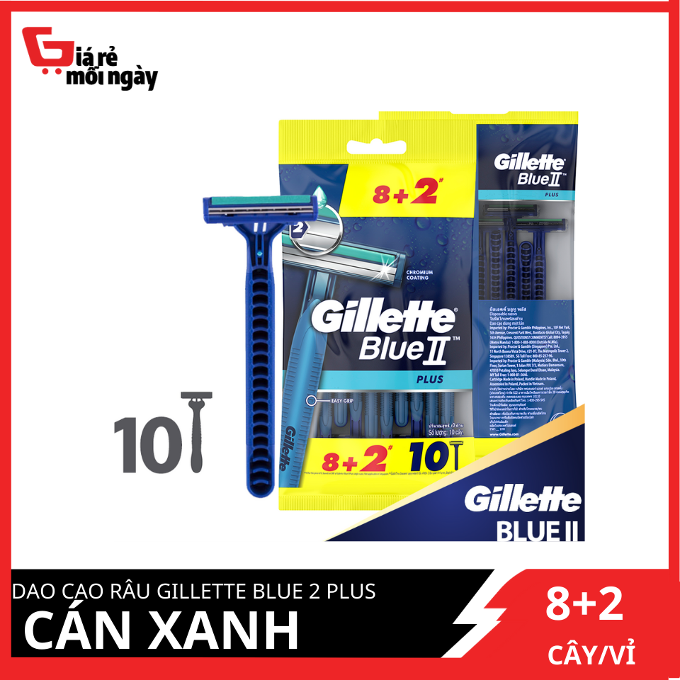 Dao cạo râu Gillette Blue 2 Plus Cán xanh siêu tiết kiệm Gói 8+2