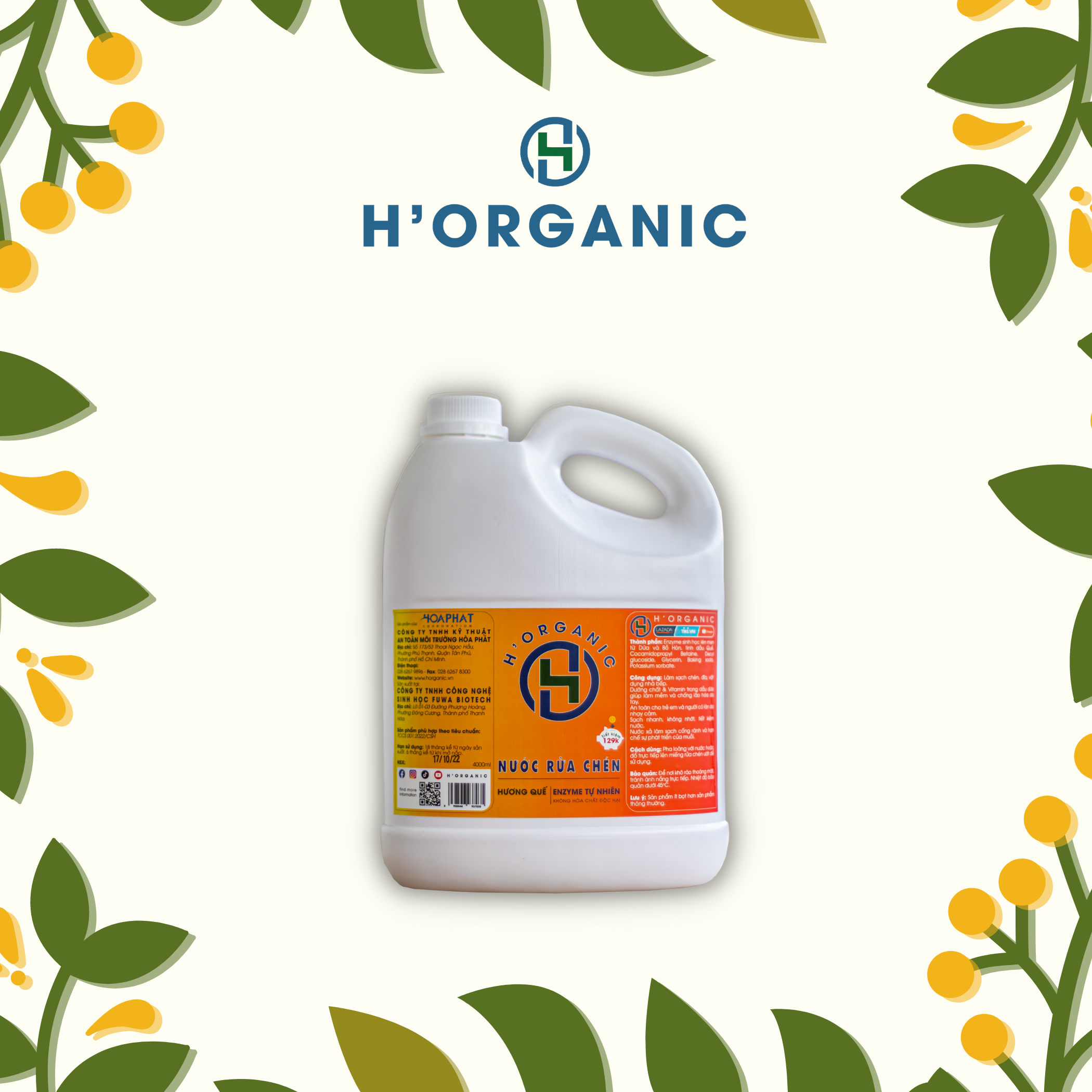 Nước rửa chén hữu cơ Horganic Can 4 lít Hương Quế an toàn sử dụng cho người lớn và cả em bé