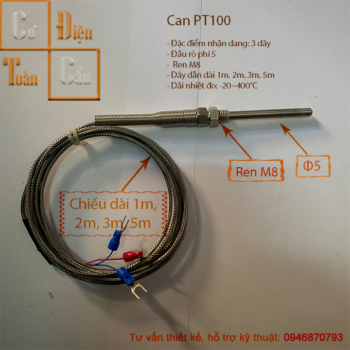Can nhiệt pt100, wrnt 01, wrnt 02, wrn 187, dây dài 1m, 2m, 3m, 5m
