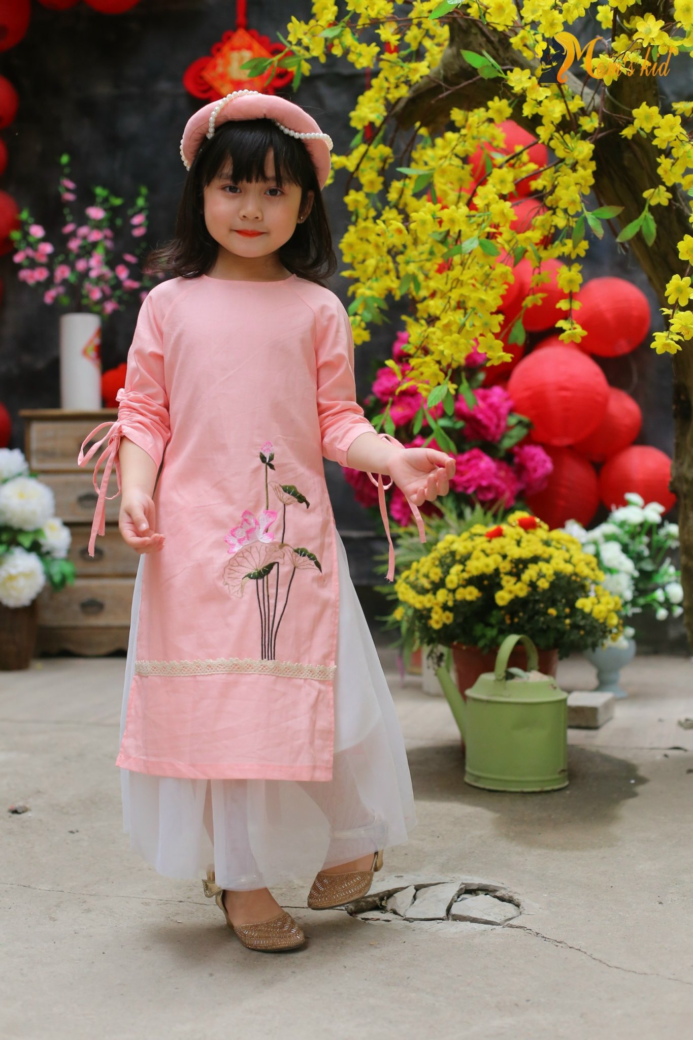 [Xả hàng TẾT] Sét Aó Dài Đũi thêu hoa sen kèm mấn ngọc, cực xinh cho bé gái diện Tết