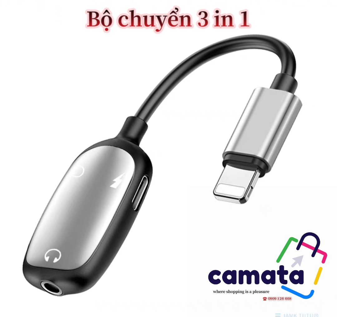 Jack cắm chuyển đổi iphone 3 in 1 camata gl039 vừa sạc vừa cắm tai nghe 3.5 cáp chia cổng lightning