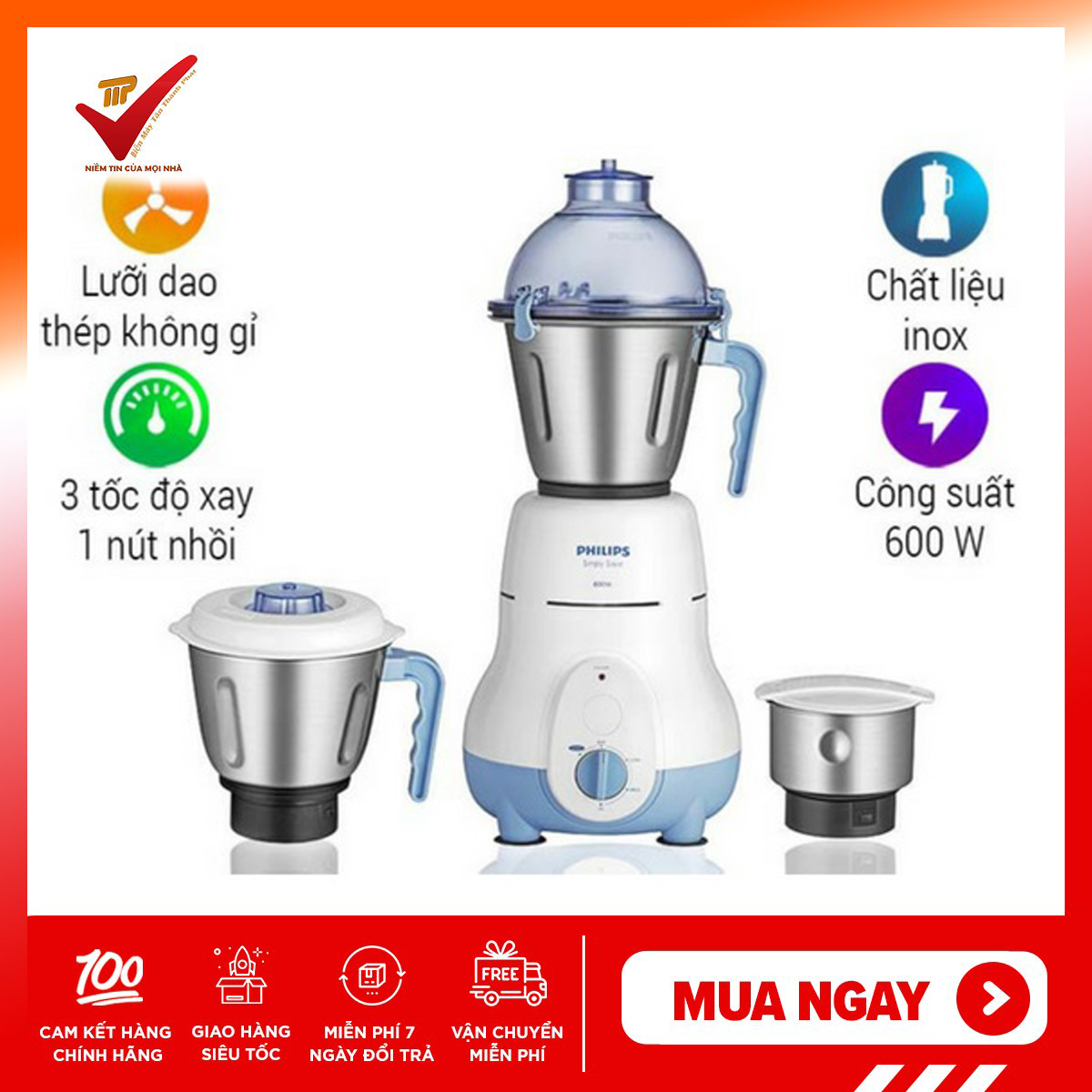 Máy xay đa năng cối INOX Philips HL1643 (BH 24 tháng)