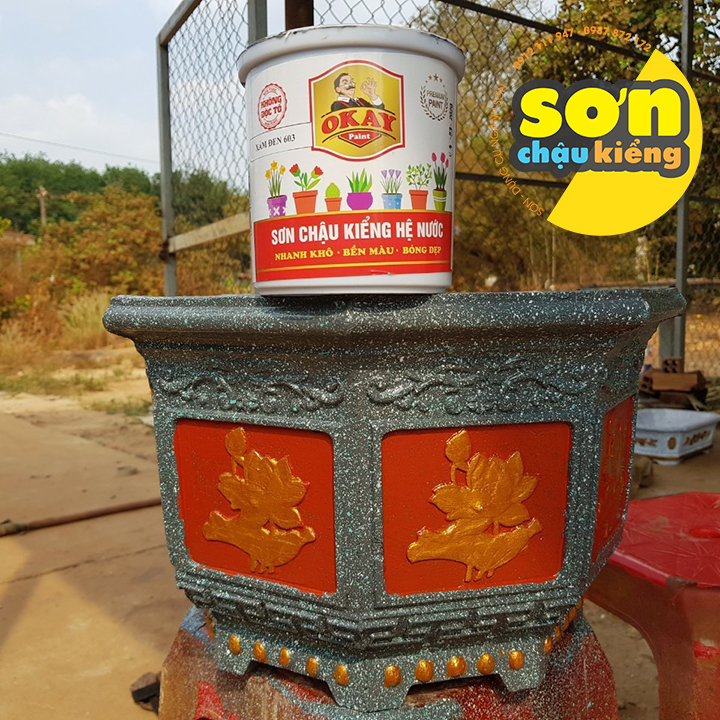 Sơn chậu kiểng, sơn chậu cây cảnh XÁM ĐEN hệ nước ngoài trời Okay Paint lon 1kg