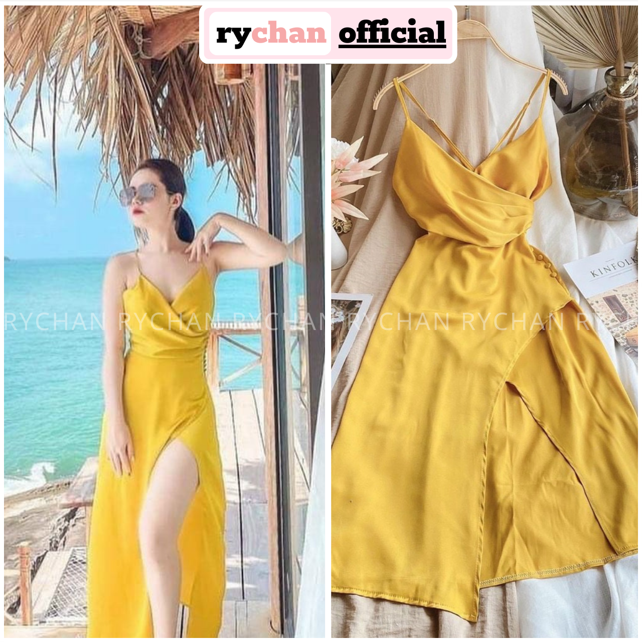 Đầm maxi đi biển vàng đắp ngực xẻ tà đan lưng siêu sexy - dm0040