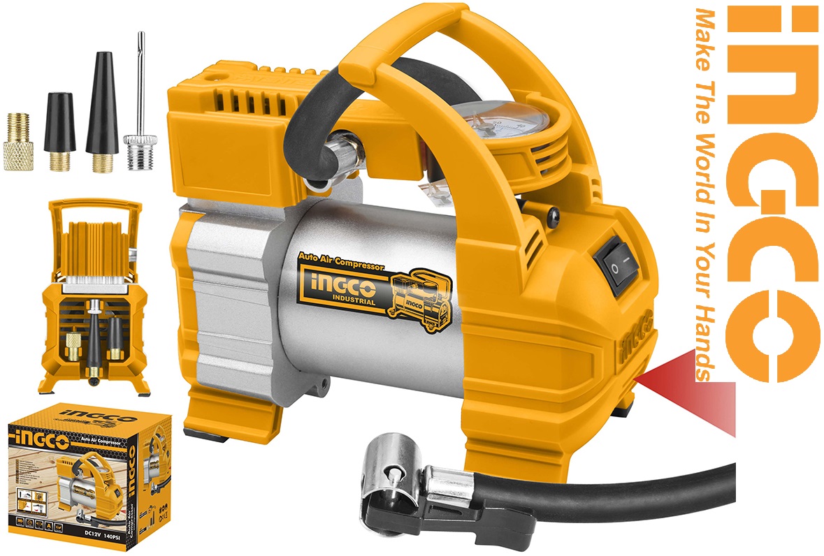 Dụng cụ bơm lốp kiểm tra lốp xe hơi ôtô 12v 140psi ingco aac1408