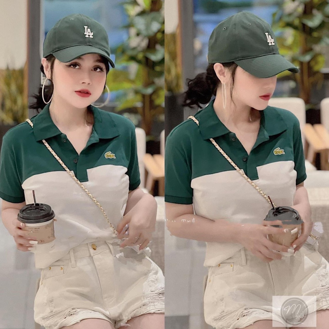 Áo polo cá sấu cổ xanh rêu thân trắng