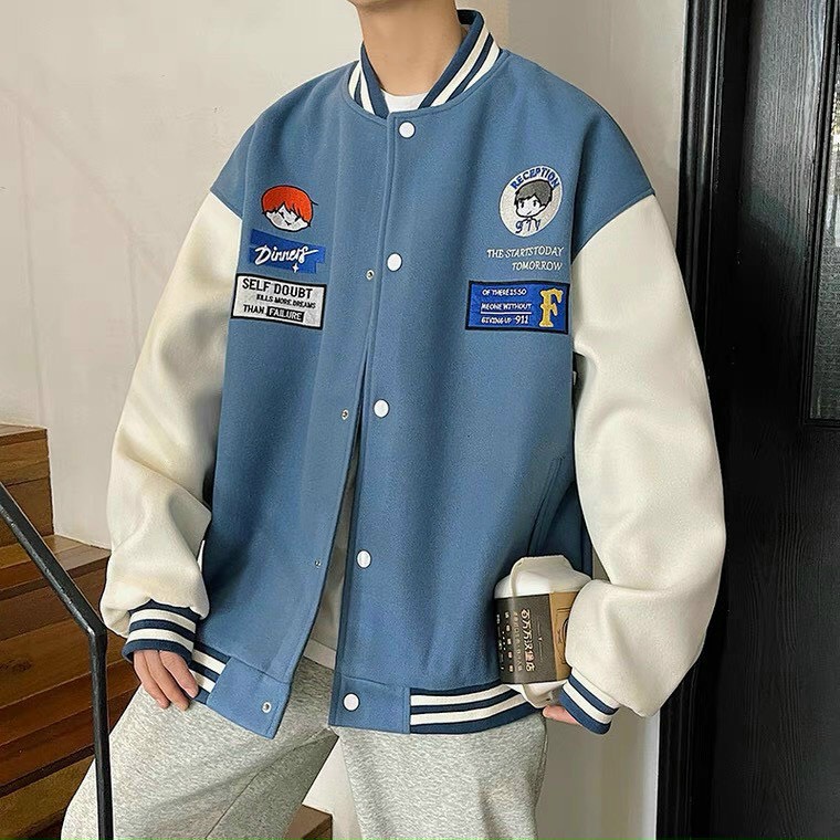 Áo khoác unisex bomber cúc bấm in hình phối tay 2 màu