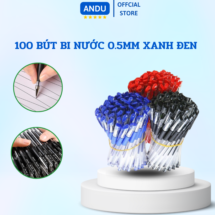 100 bút bi nước 0.5mm xanh đen đỏ ra mực đều