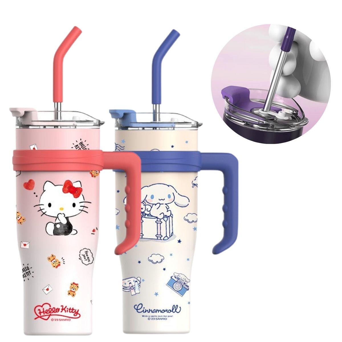 Ly giữ nhiệt Cute độc lạ 1200ml Bình giữ nhiệt INOX 304 Cốc nước có tay cần nắp đậy chống tràn kèm ống hút