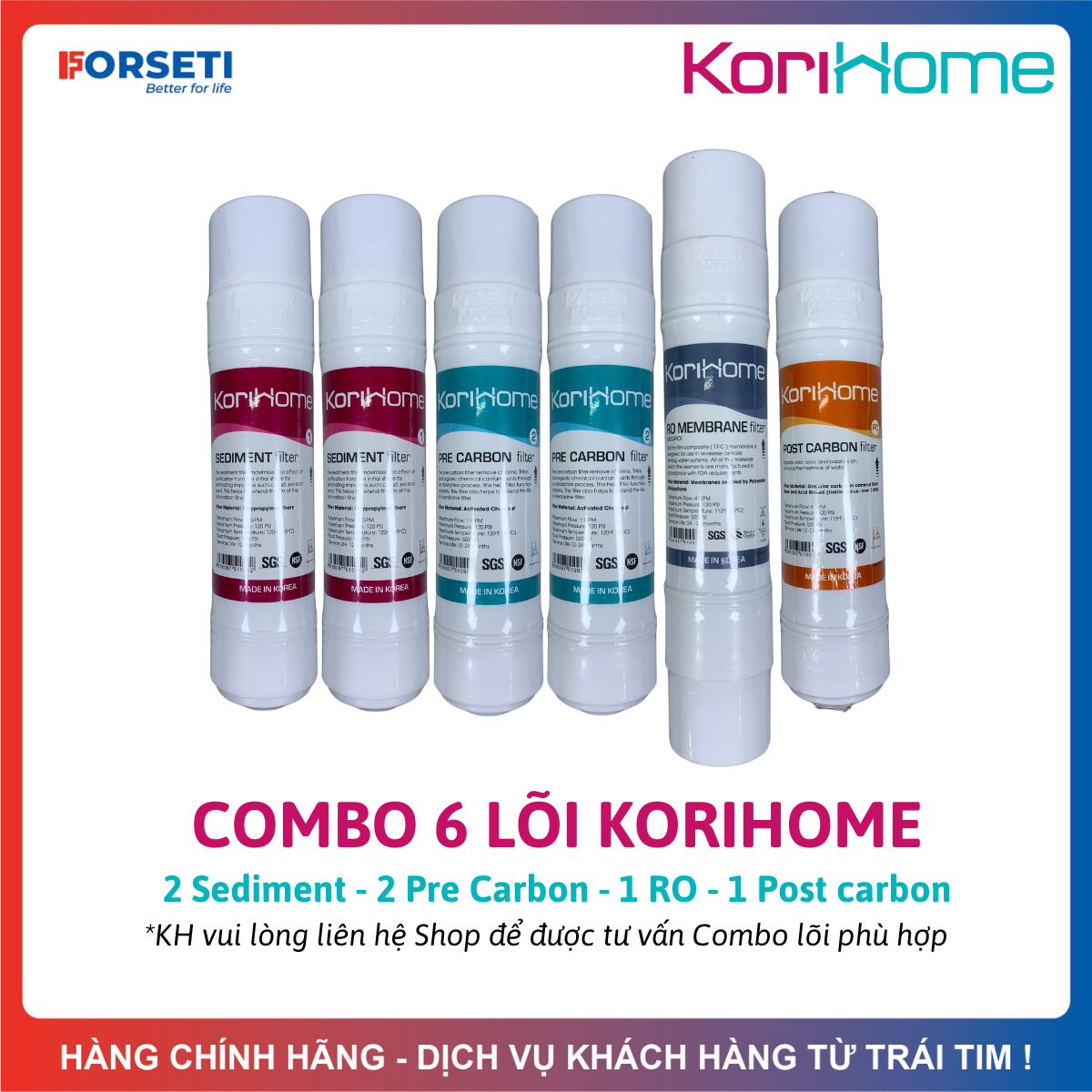 Combo 6 lõi lọc korihome hàn quốc gồm 2 sediment + 2 pre carbon + 1 ro membrane + 1 post carbon model wpk-688
