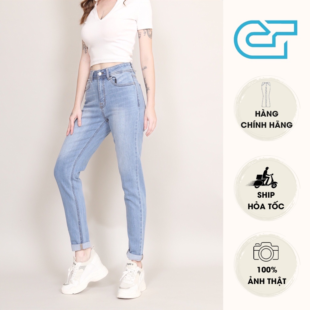 Quần baggy jean nữ trơn lưng cao chất vải bò co giãn thoáng khí CP38, CT JEANS