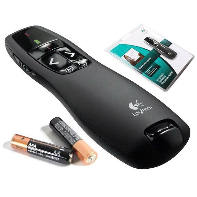 ( Hỏa Tốc HCM ) Bút Trình Chiếu Logitech R400 Laser 2.4G Bút Thuyết Trình, Bút Laser, Trình Chiếu Slide, Powerpoint, Word, Excel, Nút Ấn Nhạy - Tặng Kèm Pin Bảo Hành 12 Tháng