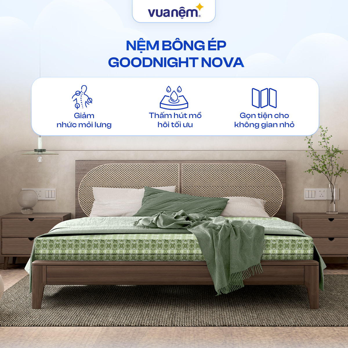 Nệm bông ép Goodnight Nova cao cấp, đệm gấp 3 êm ái, thoáng khí, thấm hút nhanh bảo hành bởi Vua Nệm phân phối bởi Vua Nệm