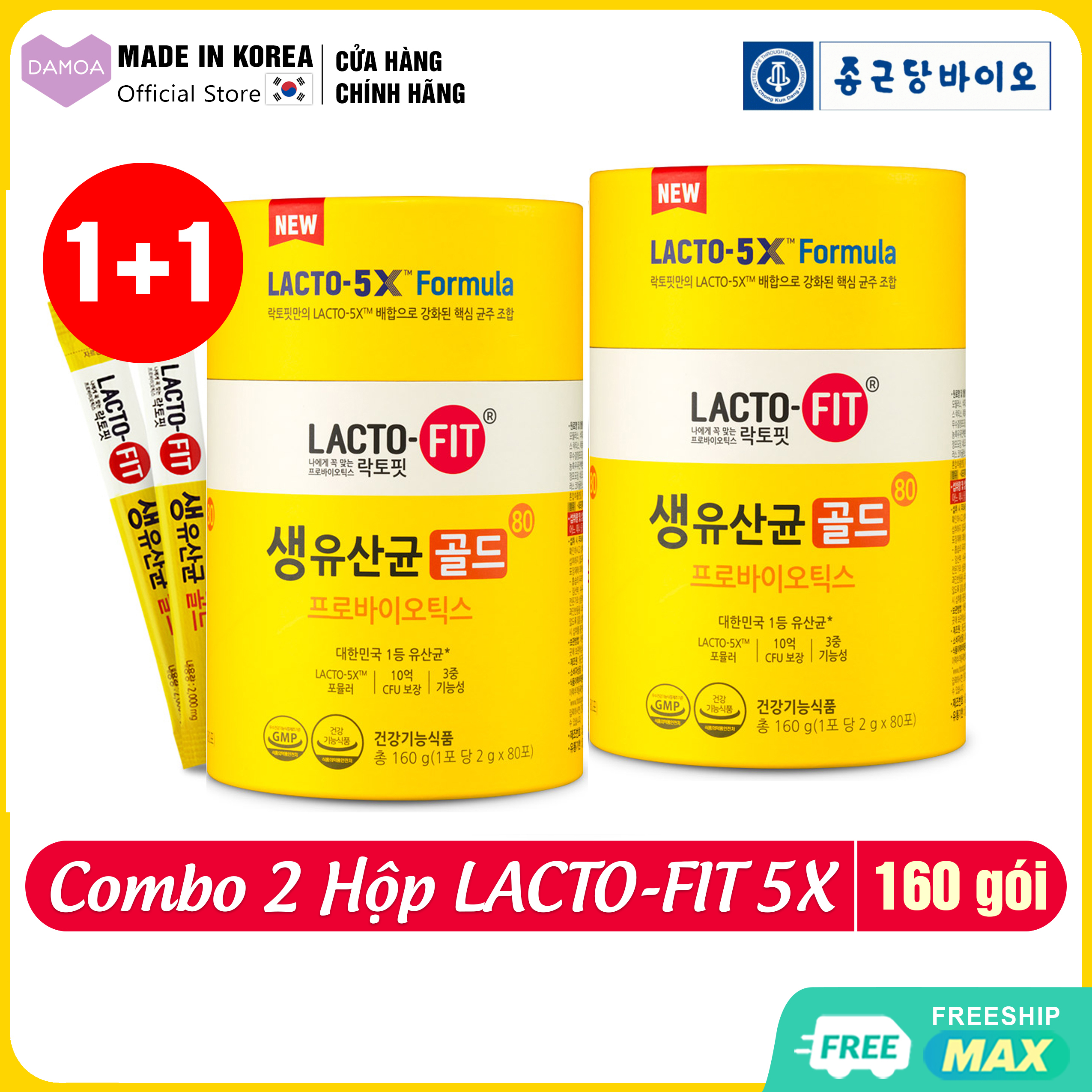 Men Vi Sinh LACTO-FIT Lợi khuẩn, Cải thiện Hệ tiêu hóa và Vấn đề đường ruột (Hộp cỡ lớn 80 gói - 160g) Chong Kun Dang Hàn Quốc