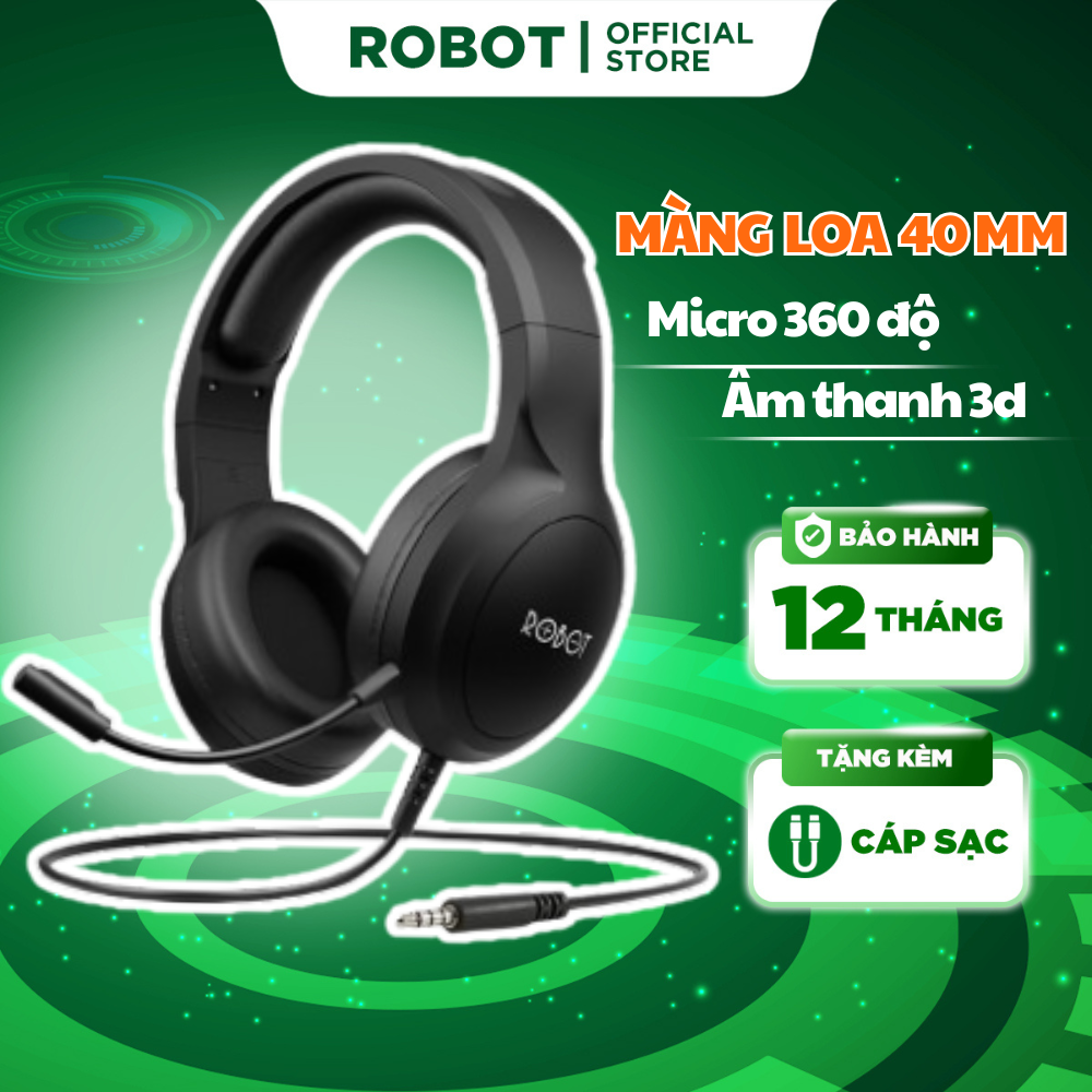 Tai nghe chụp tai Robot RH-P20 jack cắm 3.5mm AUX micro dùng cho pc laptop điện thoại  chơi game văn phòng pc mac với âm thanh vòm stereo bass