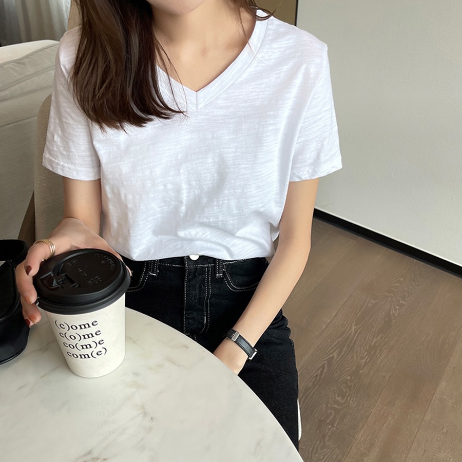 Áo thun xược cotton cổ tim nữ ANHSTORE , phong cách Hàn Quốc
