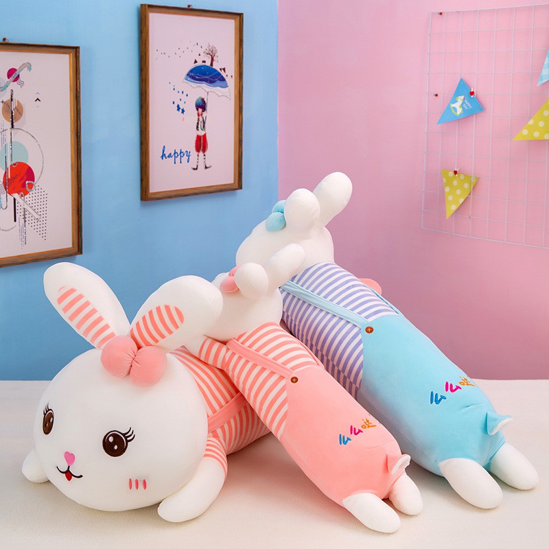 Gấu bông gối ôm thỏ mặc yếm hai màu xanh hồng kích thước 60-90-120cm MINO