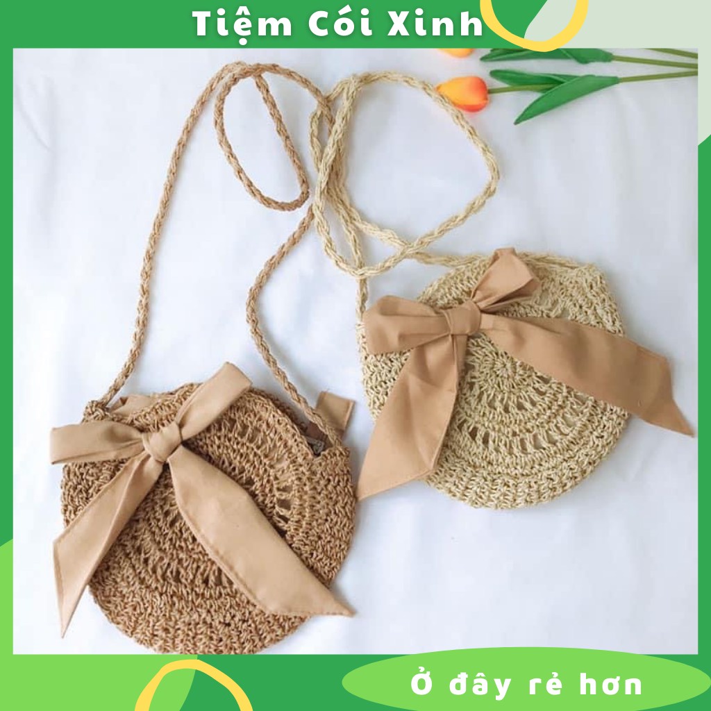 Túi cói đi biển đeo chéo tròn gắn nơ vải hồng size nhỏ dễ phối đồ tiệm cói xinh
