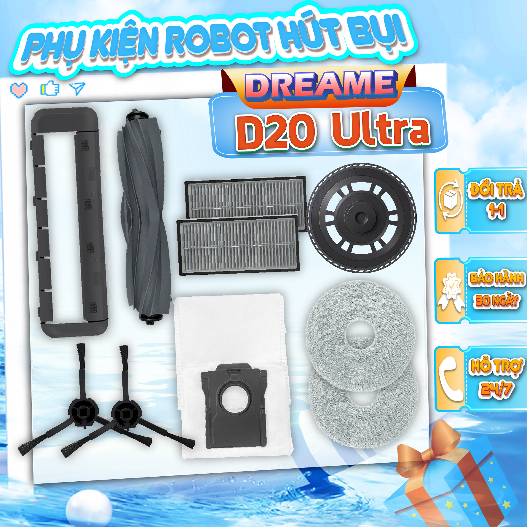  Phụ kiện robot hút bụi Dreame D20 Ultra - Phụ kiện robot hút bụi lau nhà Dreame D20 Ultra - Chổi robot hút bụi Dreame - Giẻ lau robot - Chổi cạnh robot hút bụi - Túi rác robot hút bụi 