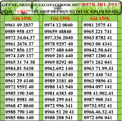 Sim viettel số đẹp đồng giá 150k PL1, Sim chưa kích hoạt. Quý khách vui lòng đăng ký chính chủ và kích hoạt sim theo hướng dẫn của nhà bán hàng