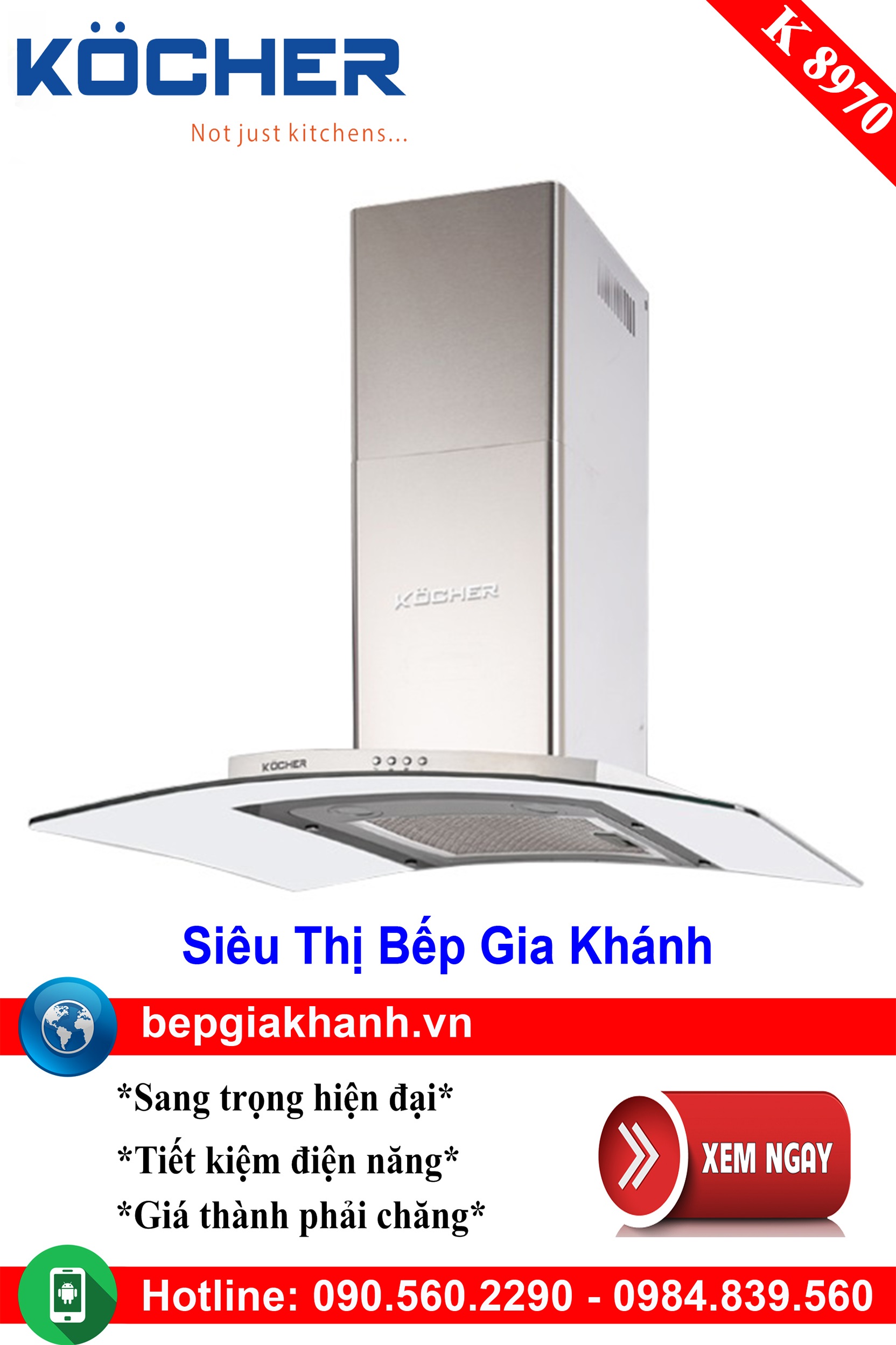 [HCM]Máy hút mùi kính cong 70cm Kocher K 8970 máy hút mùi nhà bếp máy hút mùi bếp máy hút mùi kính c
