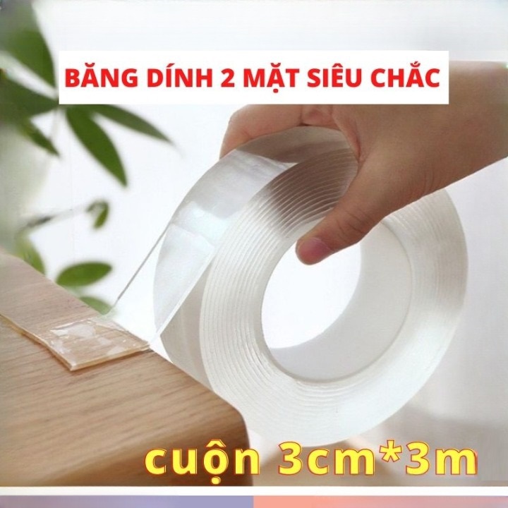 Băng dính trong suốt 2 mặt siêu dính Nano 3cm*3m, băng keo hai mặt dính mọi bề mặt tiện lợi