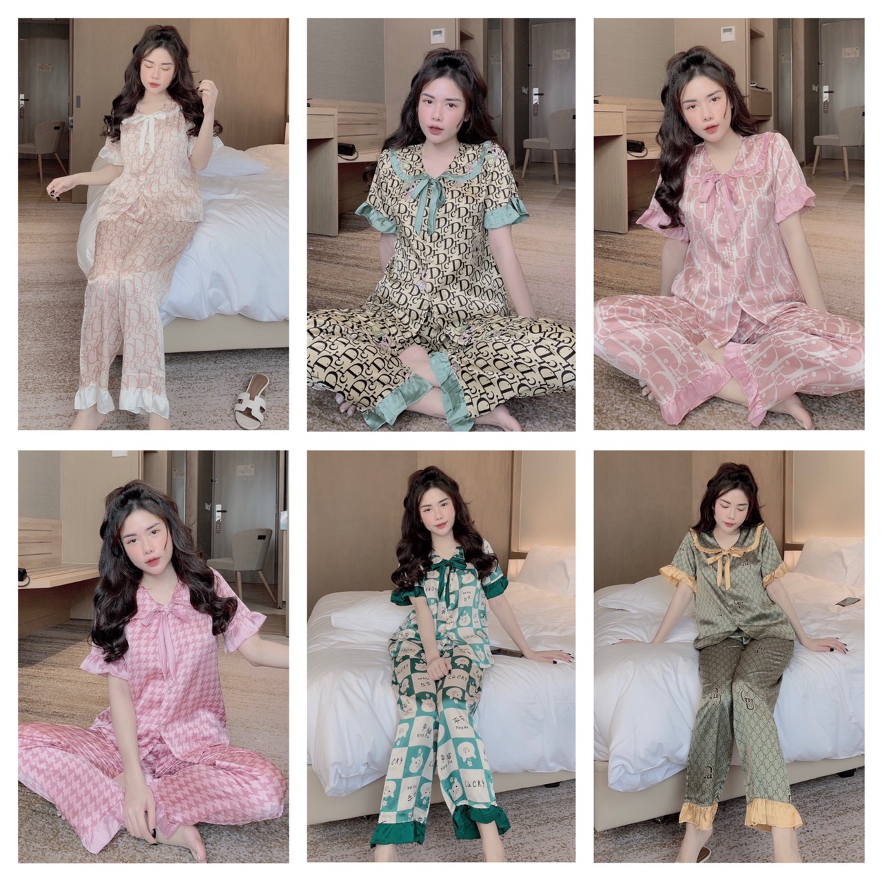 Đồ ngủ�đồ bộ pijama lụa tay ngắn-quần dài chất liệu satin sang chảnh