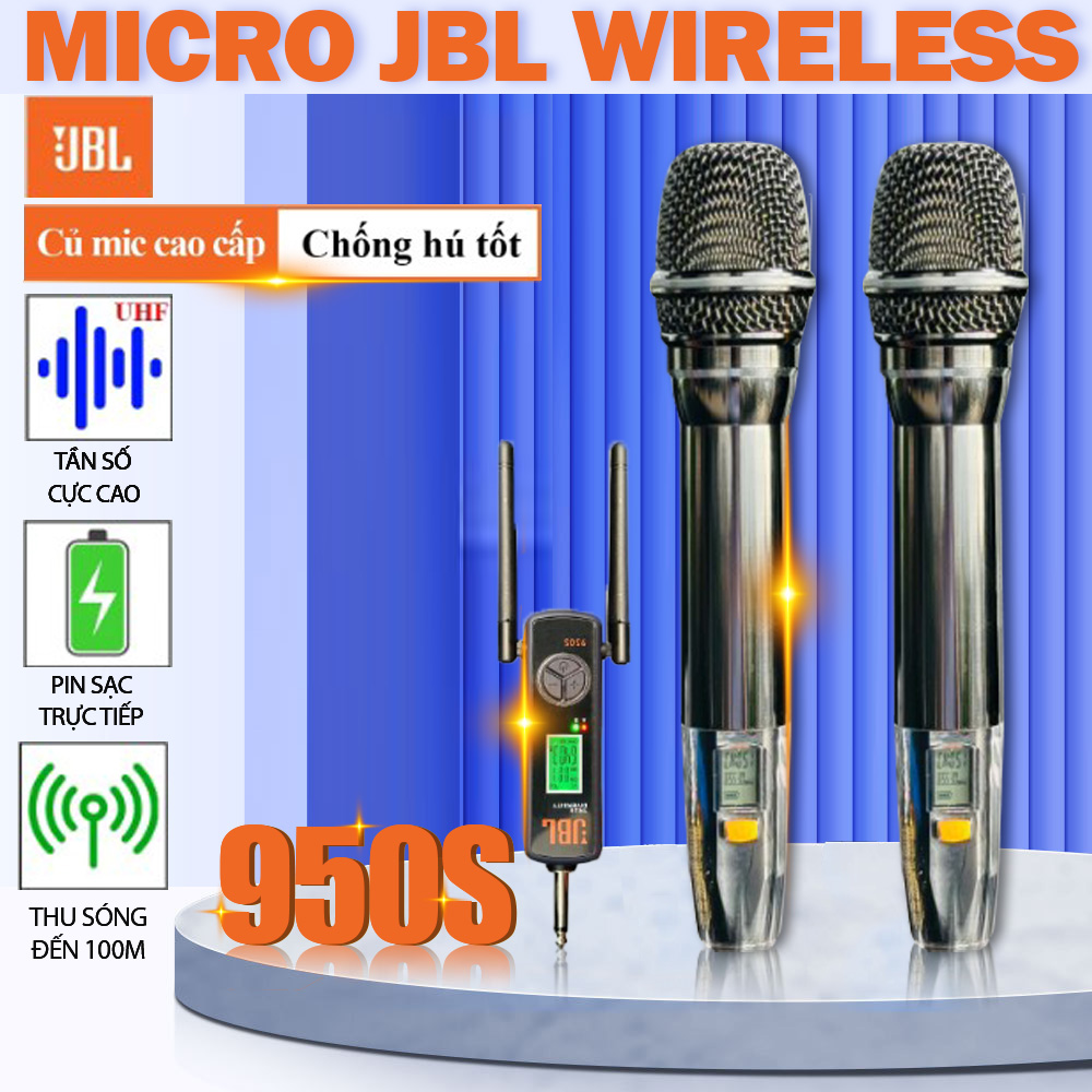 Micro Cao Cấp JBL 950S - Micro Karaoke Không Dây Đa Năng Sử Dụng Cho Tất Loại Loa Kéo, Vang, Amply Thiết Kế Mới Lạ Siêu Đẹp Bắt Sóng Xa Đến 100M Bảo Hành 12 Tháng
