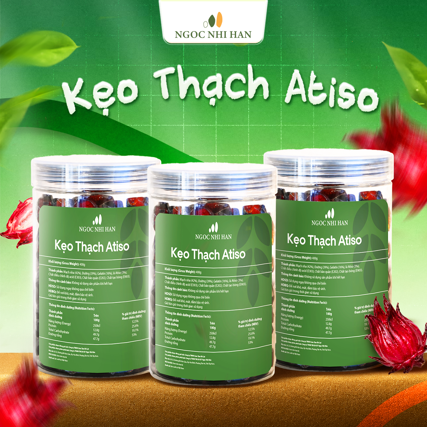 Kẹo Thạch Atisso Hộp 250g Ngọc Nhi Hân - Kẹo Thạch Atiso Đỏ Chua Ngọt, Dẻo Mềm, Ăn Vặt Tiện Lợi