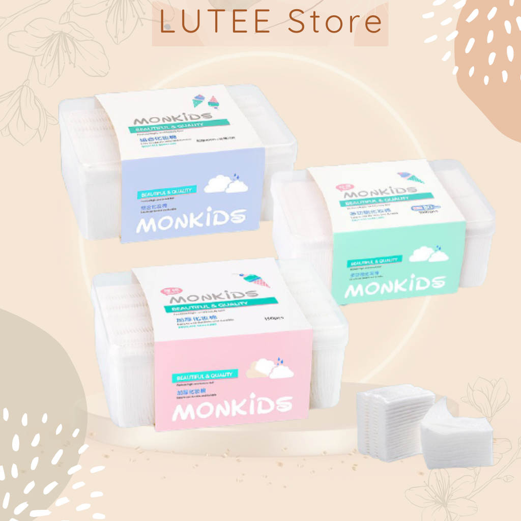 Bông tẩy trang 1000 miếng MONKIDS kèm hộp đựng bông tẩy trang cotton tự nhiên mỏng nhẹ đắp toner