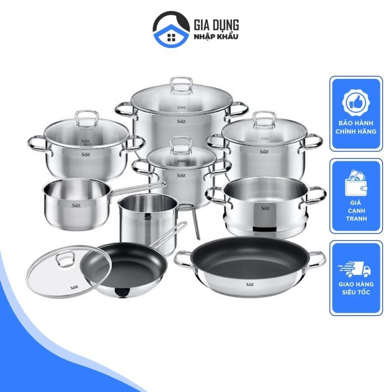 Bộ Nồi Silit Achat/ Silit Toskana 10 Món, Bộ Xoong Nồi Nấu Ăn Inox Cao Cấp, Chất Liệu Thép Không Gỉ, Chống Xước, Đáy Nồi 3 Lớp, Dẫn Nhiệt Tốt, Quai Cầm Cách Nhiệt, Dùng Được Mọi Loại Bếp, Nhập Đức
