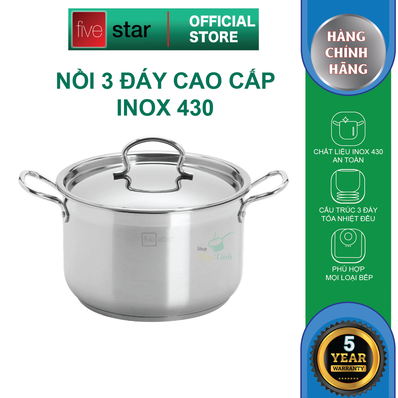 Nồi luộc gà 3 đáy inox 430 FiveStar Standard dùng được mọi bếp nắp inox (26cm / 28cm / 30cm / 32cm  /36cm )